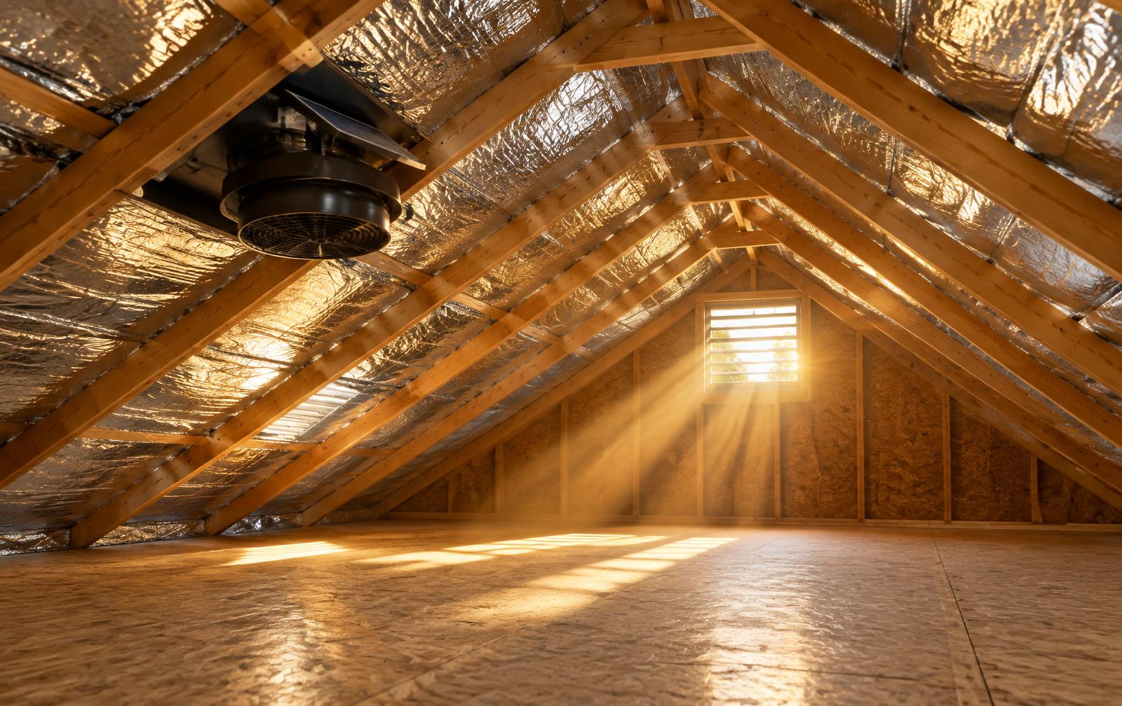Attic with reflective insulation and solar fan