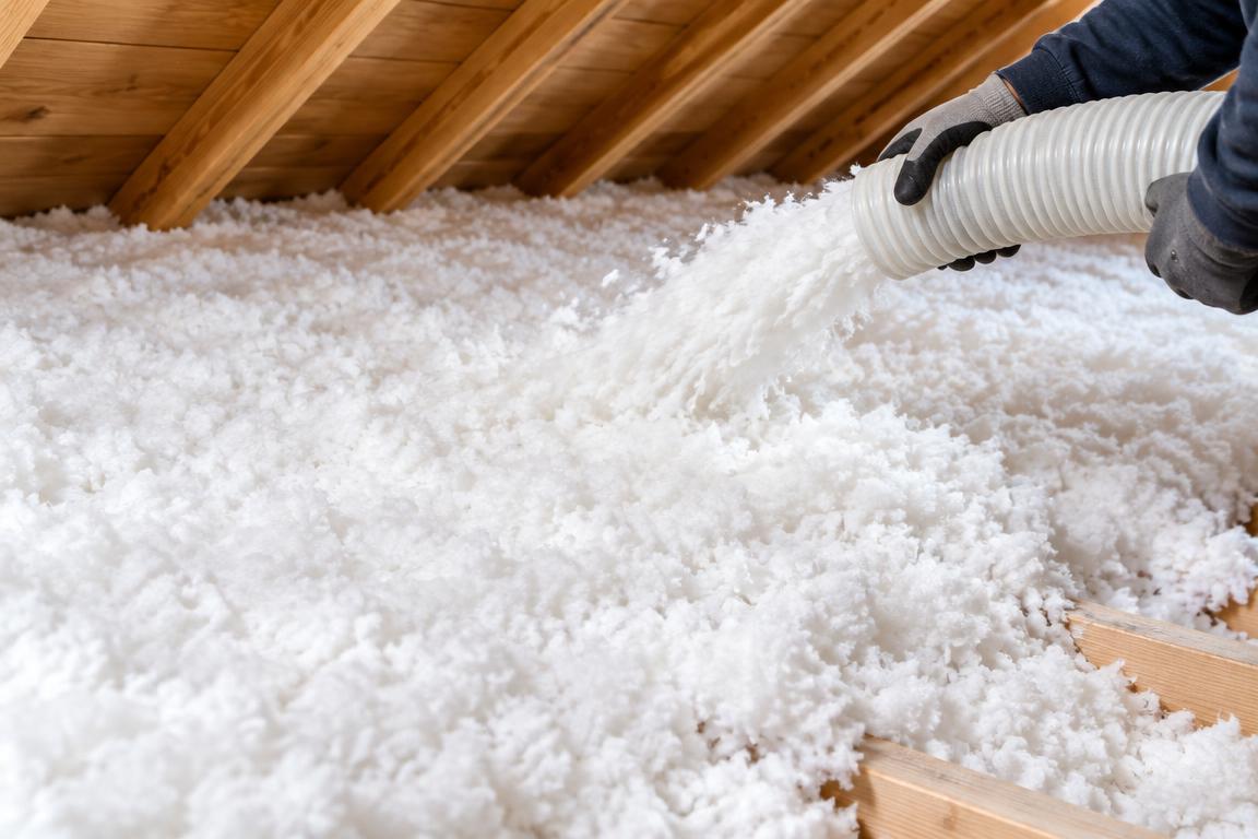 Illustrative professional installation of fresh white blown-in insulation in an attic